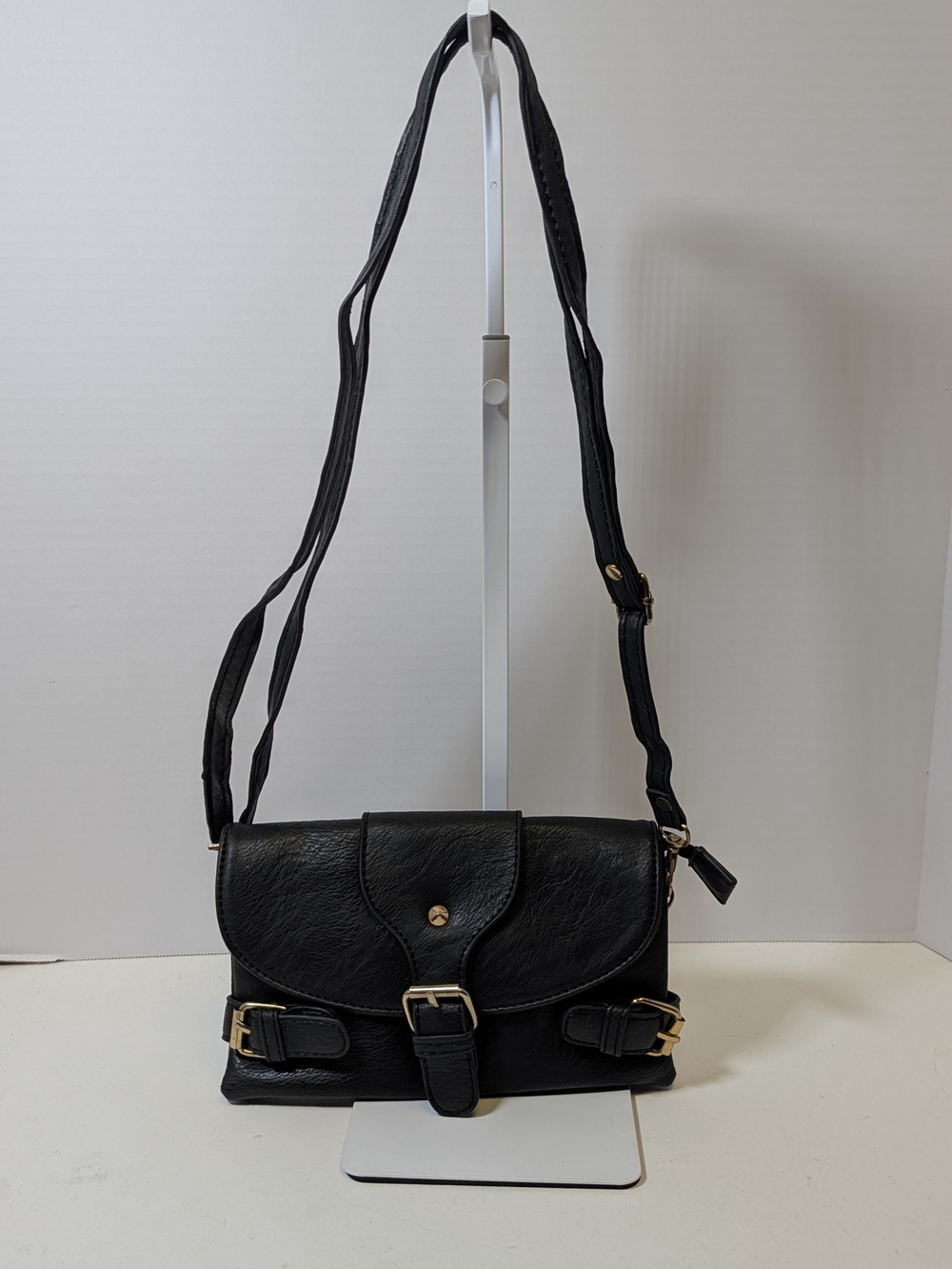 Black Faux Leather Buckle Crossbody Bag with Gold Hardware
